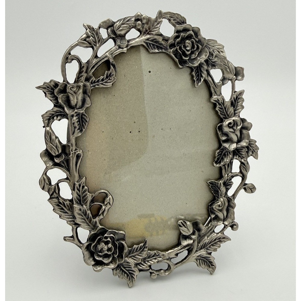 Vtg Ornate Metal Oval Picture Photo Frame 9"x7" Roses Floral 3.5x5" Photo Rococo